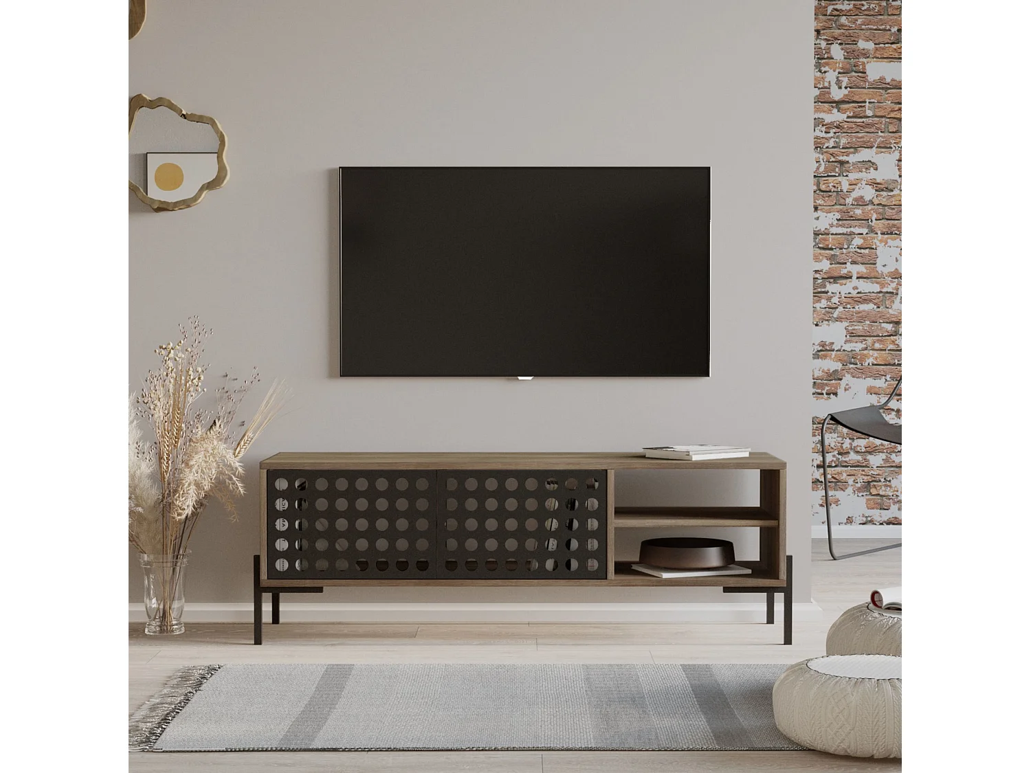 Meuble TV Lemi à 2 portes 49 x 144 x 40 cm chêne gris / anthracite [en.casa]