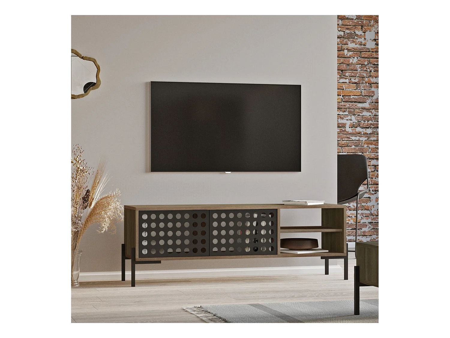 Meuble TV Lemi à 2 portes 49 x 144 x 40 cm chêne gris / anthracite [en.casa]