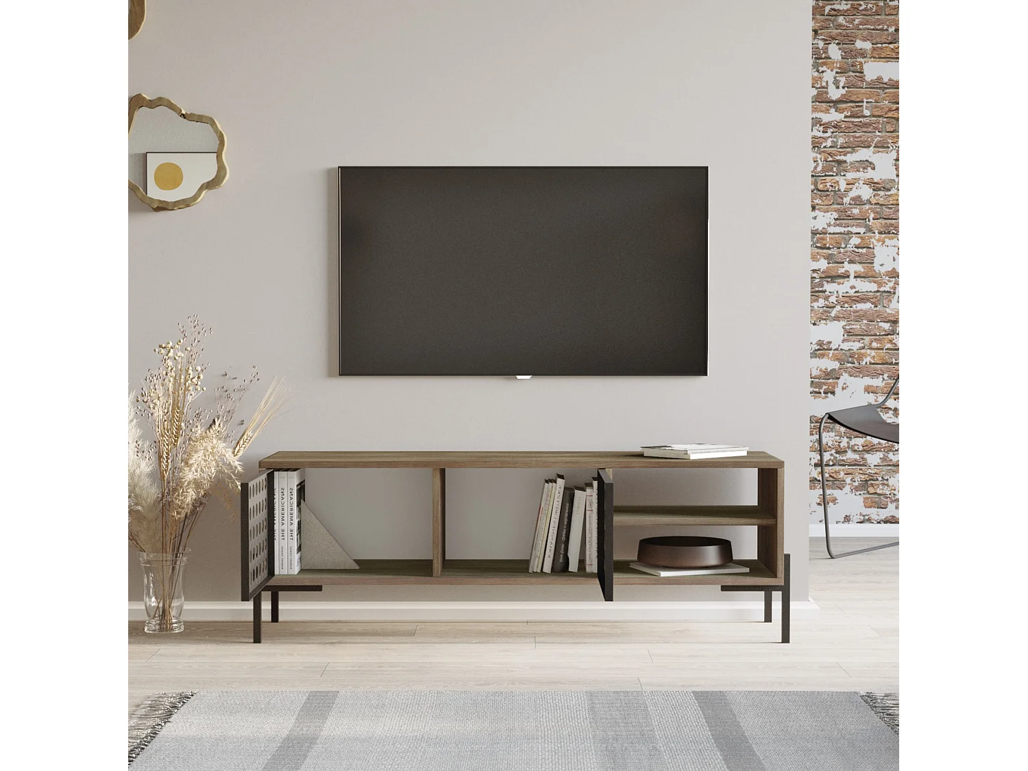 Meuble TV Lemi à 2 portes 49 x 144 x 40 cm chêne gris / anthracite [en.casa]