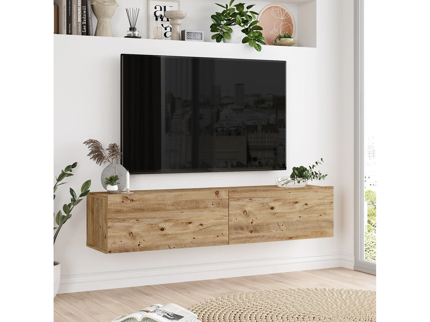 Meuble TV Lapinlahti à 2 portes 29,5 x 140 x 31,5 cm effet bois de pin [en.casa]