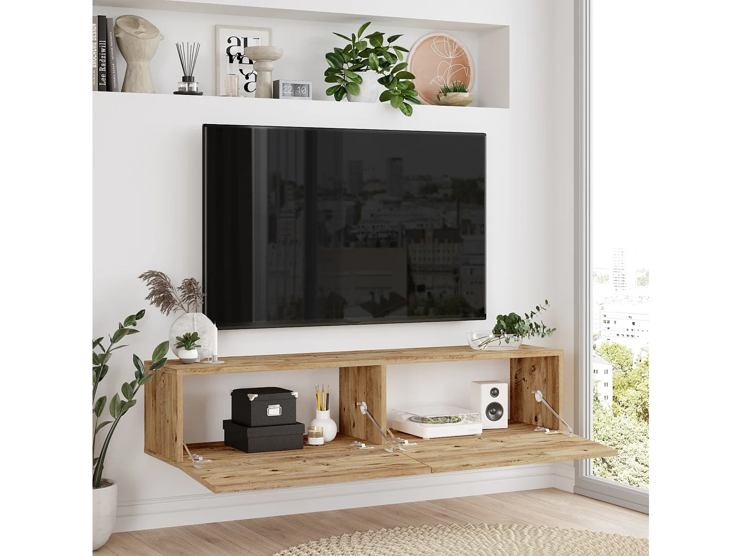 Meuble TV Lapinlahti à 2 portes 29,5 x 140 x 31,5 cm effet bois de pin [en.casa]