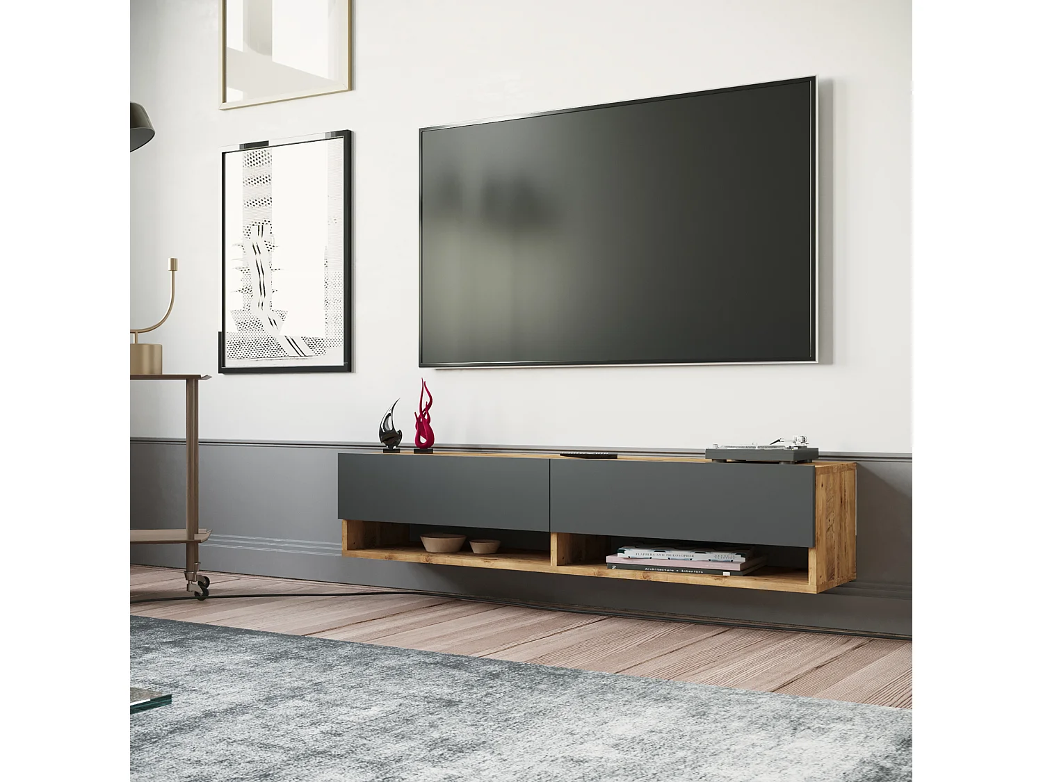 Meuble TV Laitila à 2 portes 29,5 x 140 x 31,5 cm effet bois de pin / anthracite [en.casa]