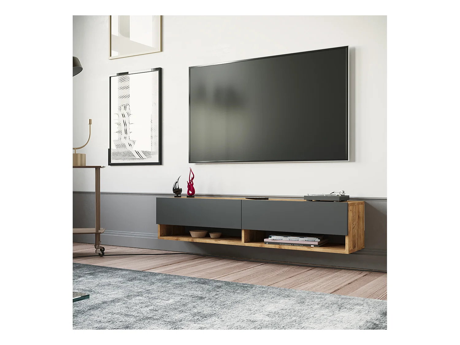 Meuble TV Laitila à 2 portes 29,5 x 140 x 31,5 cm effet bois de pin / anthracite [en.casa]