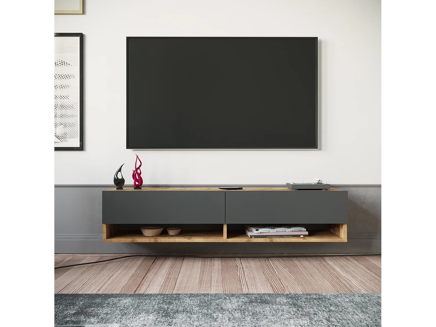 Meuble TV Laitila à 2 portes 29,5 x 140 x 31,5 cm effet bois de pin / anthracite [en.casa]