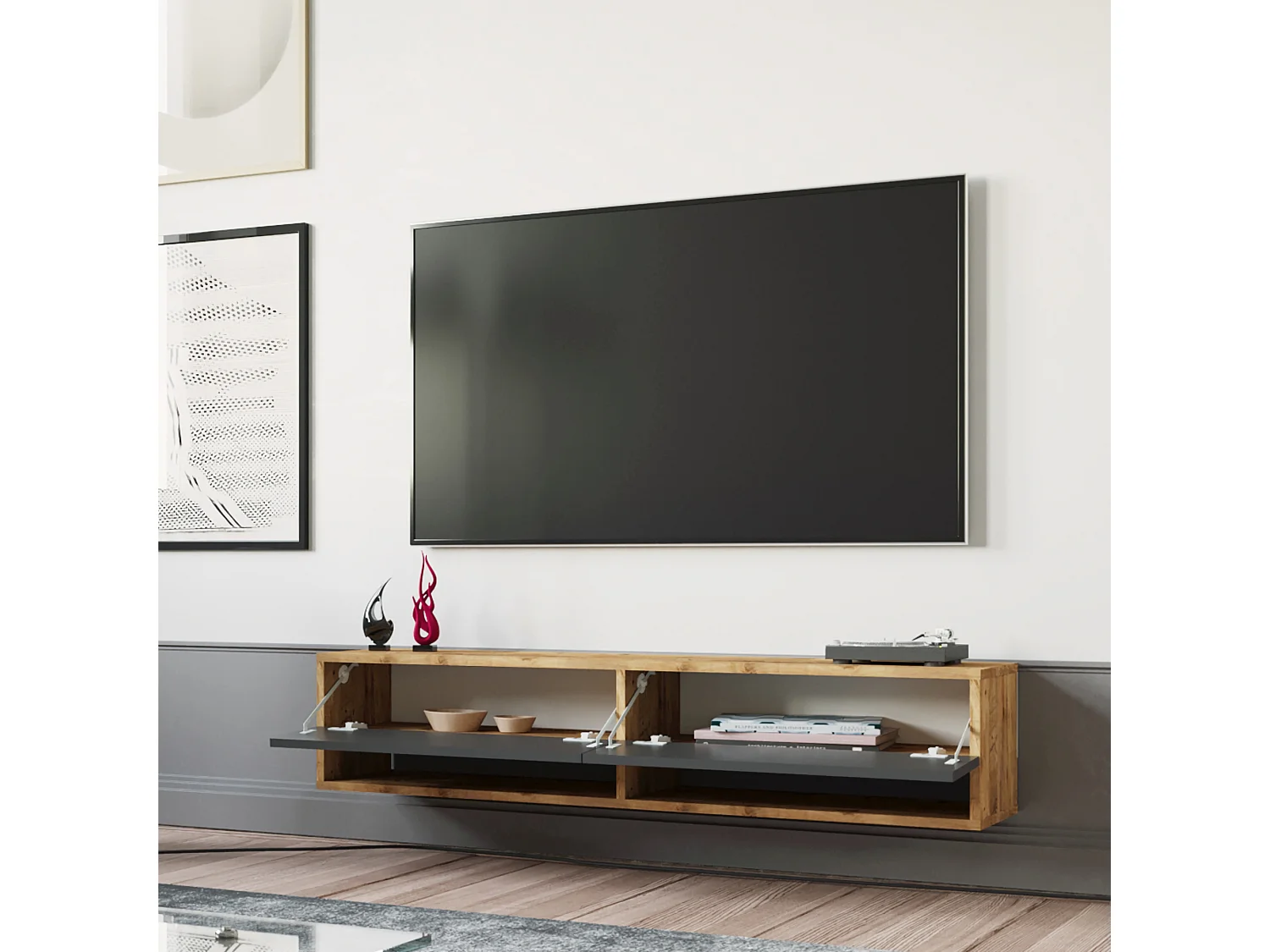 Meuble TV Laitila à 2 portes 29,5 x 140 x 31,5 cm effet bois de pin / anthracite [en.casa]