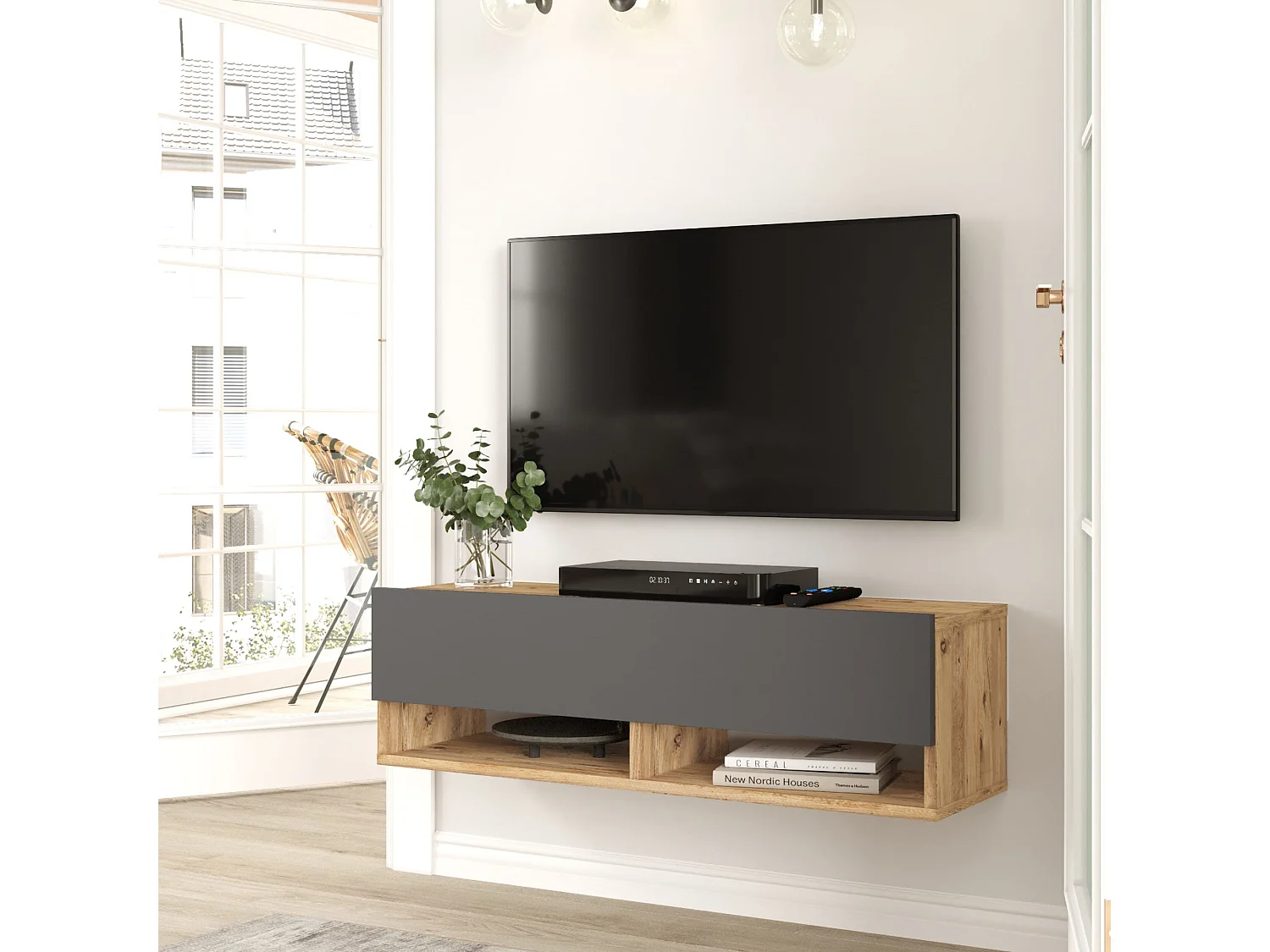 Meuble TV Laitila à porte 29,5 x 100 x 31,5 cm effet bois de pin / anthracite [en.casa]
