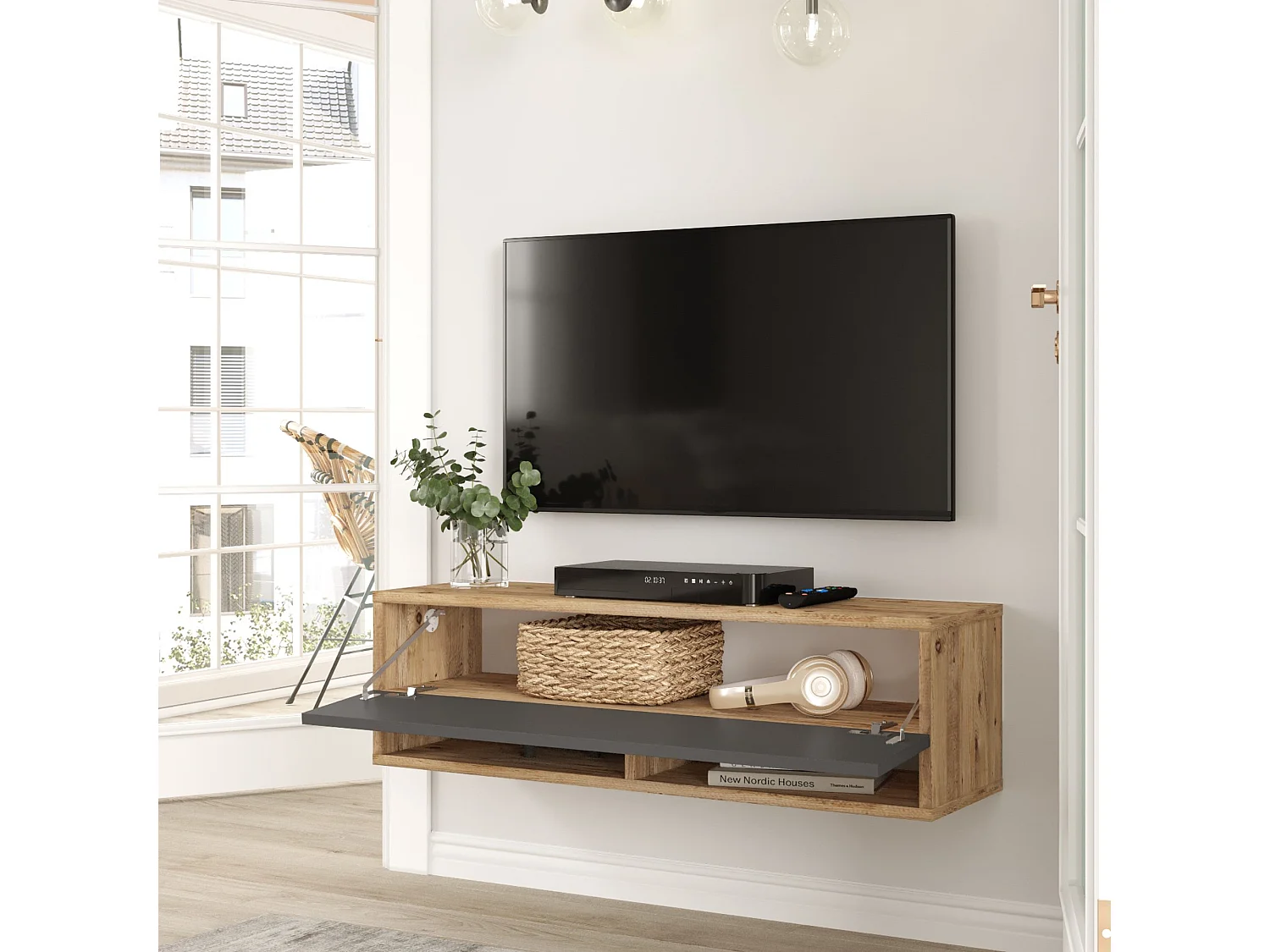 Meuble TV Laitila à porte 29,5 x 100 x 31,5 cm effet bois de pin / anthracite [en.casa]