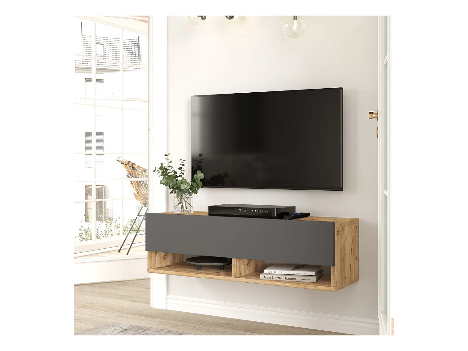 Meuble TV Laitila à porte 29,5 x 100 x 31,5 cm effet bois de pin / anthracite [en.casa]