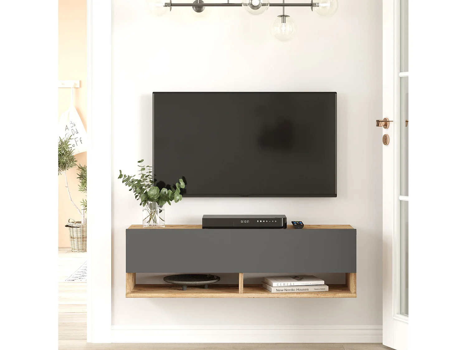 Meuble TV Laitila à porte 29,5 x 100 x 31,5 cm effet bois de pin / anthracite [en.casa]