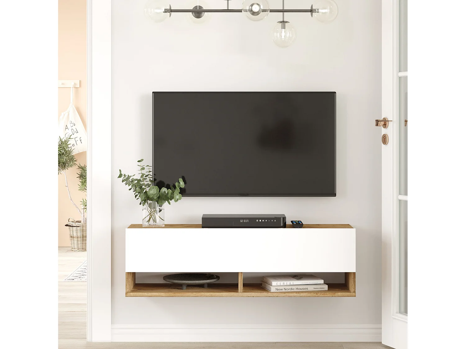 Meuble TV Laitila à porte 29,5 x 100 x 31,5 cm effet bois de pin / blanc [en.casa]