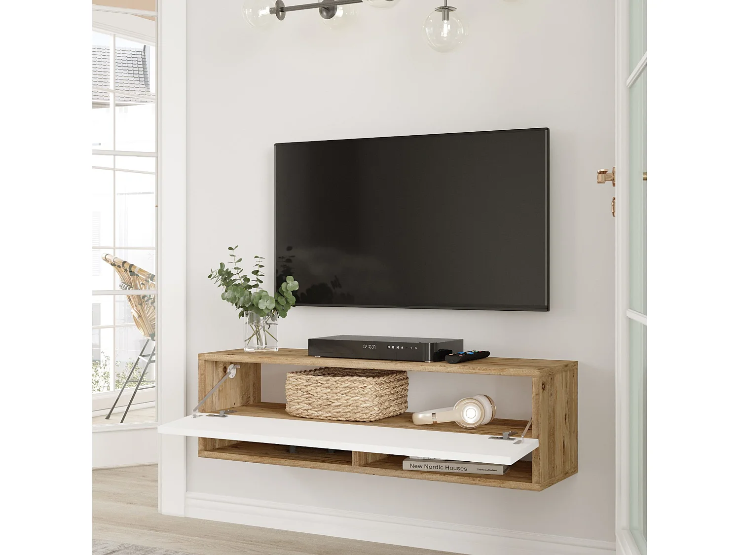 Meuble TV Laitila à porte 29,5 x 100 x 31,5 cm effet bois de pin / blanc [en.casa]