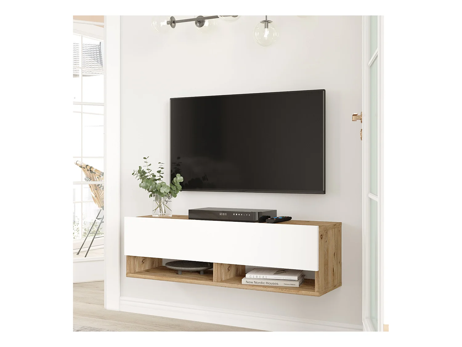 Meuble TV Laitila à porte 29,5 x 100 x 31,5 cm effet bois de pin / blanc [en.casa]