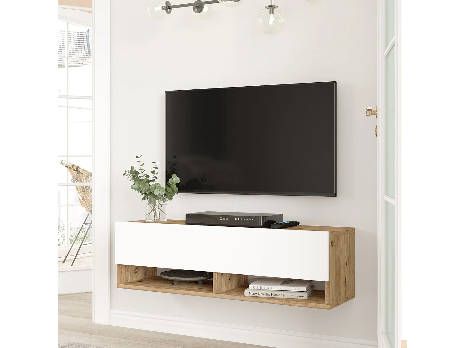 Meuble TV Laitila à porte 29,5 x 100 x 31,5 cm effet bois de pin / blanc [en.casa]
