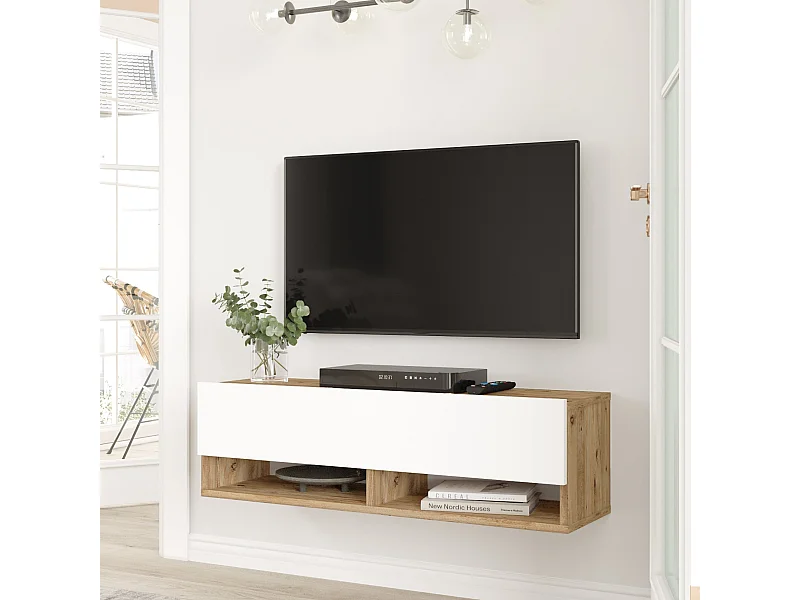 Meuble TV Laitila à porte 29,5 x 100 x 31,5 cm effet bois de pin / blanc [en.casa]