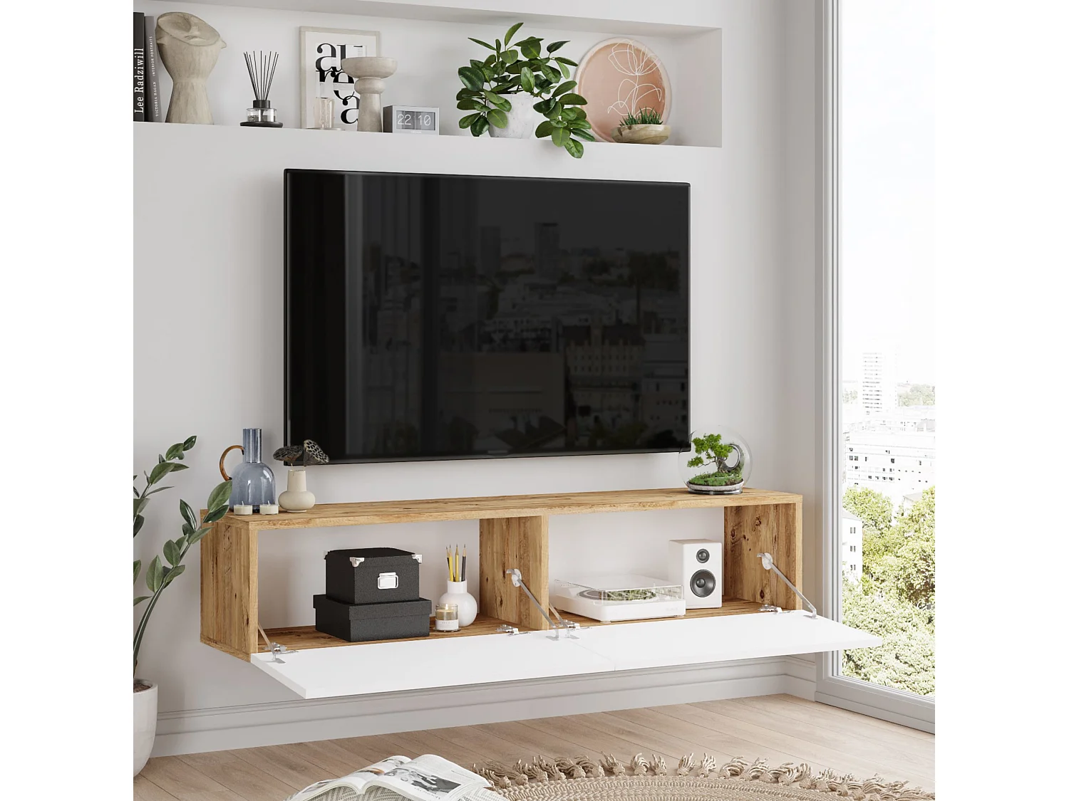 Meuble TV Lapinlahti à 2 portes 29,5 x 140 x 31,5 cm effet bois de pin / blanc [en.casa]