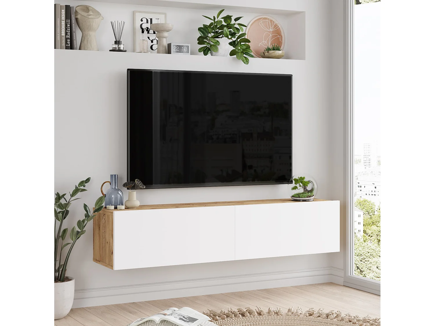 Meuble TV Lapinlahti à 2 portes 29,5 x 140 x 31,5 cm effet bois de pin / blanc [en.casa]