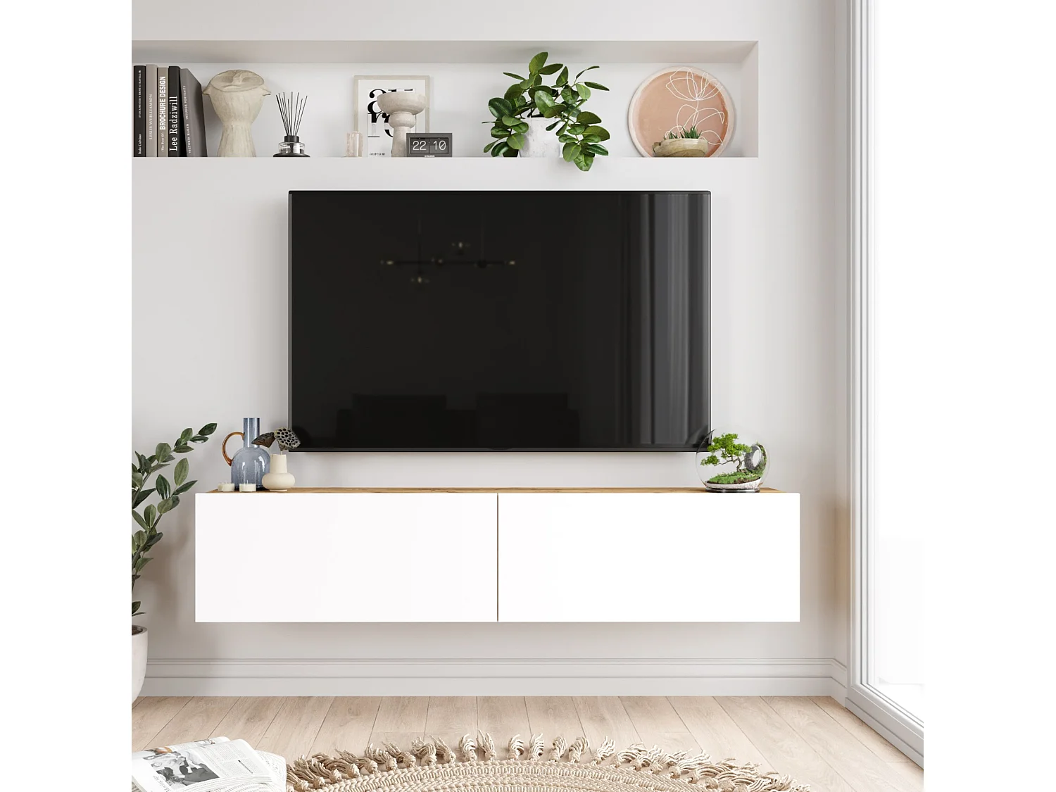 Meuble TV Lapinlahti à 2 portes 29,5 x 140 x 31,5 cm effet bois de pin / blanc [en.casa]