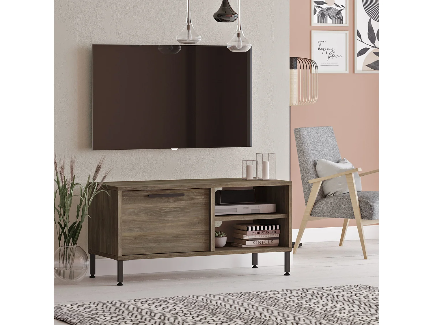 Meuble TV Liperi à porte 43 x 90 x 35,5 cm chêne gris / anthracite [en.casa]