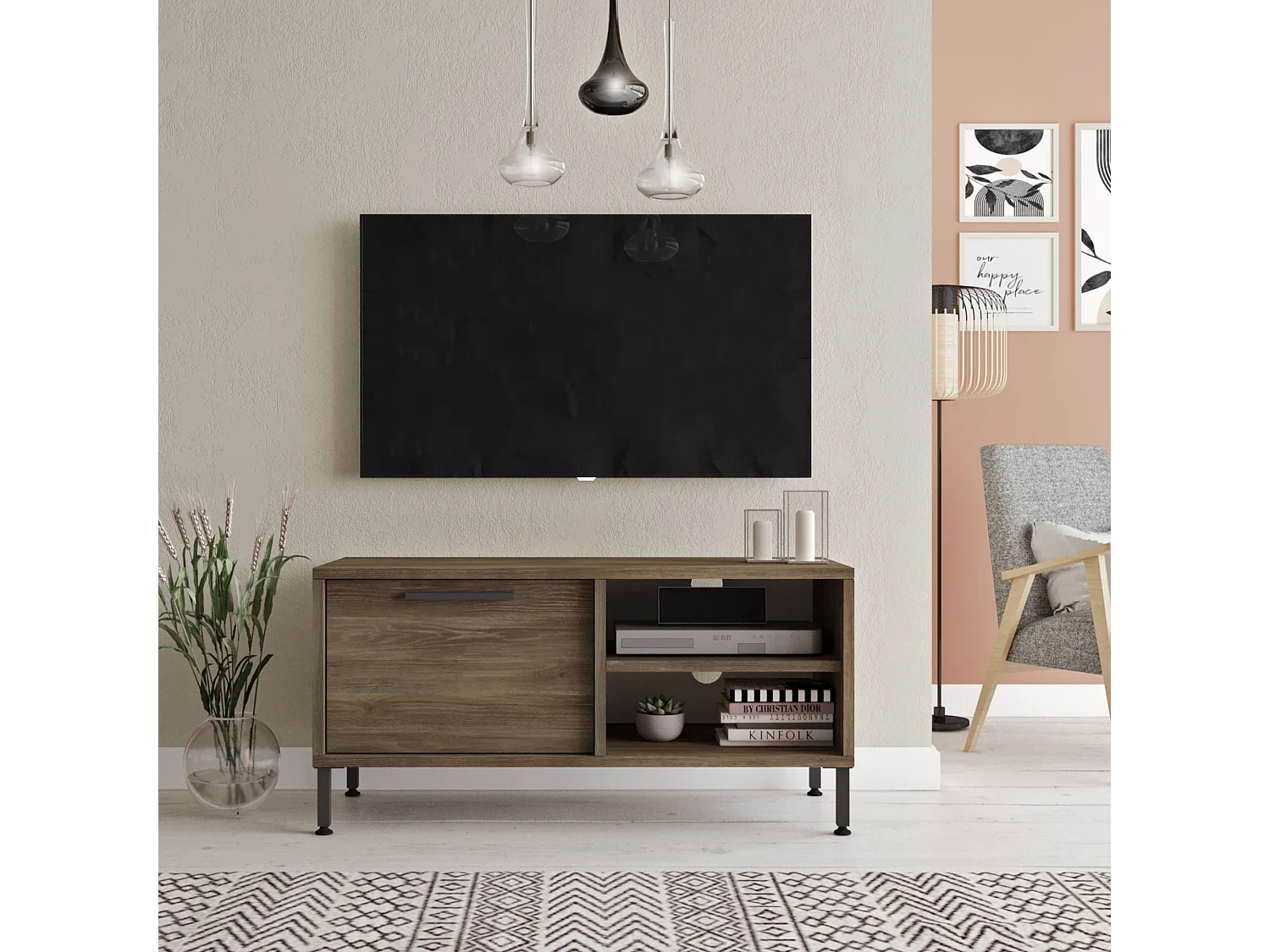 Meuble TV Liperi à porte 43 x 90 x 35,5 cm chêne gris / anthracite [en.casa]