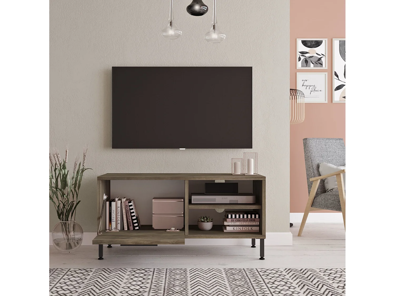 Meuble TV Liperi à porte 43 x 90 x 35,5 cm chêne gris / anthracite [en.casa]