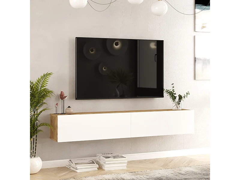 Meuble TV Lapinlahti à 2 portes 29,5 x 180 x 31,5 cm effet bois de pin / blanc [en.casa]