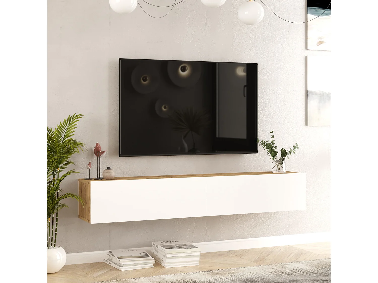 Meuble TV Lapinlahti à 2 portes 29,5 x 180 x 31,5 cm effet bois de pin / blanc [en.casa]