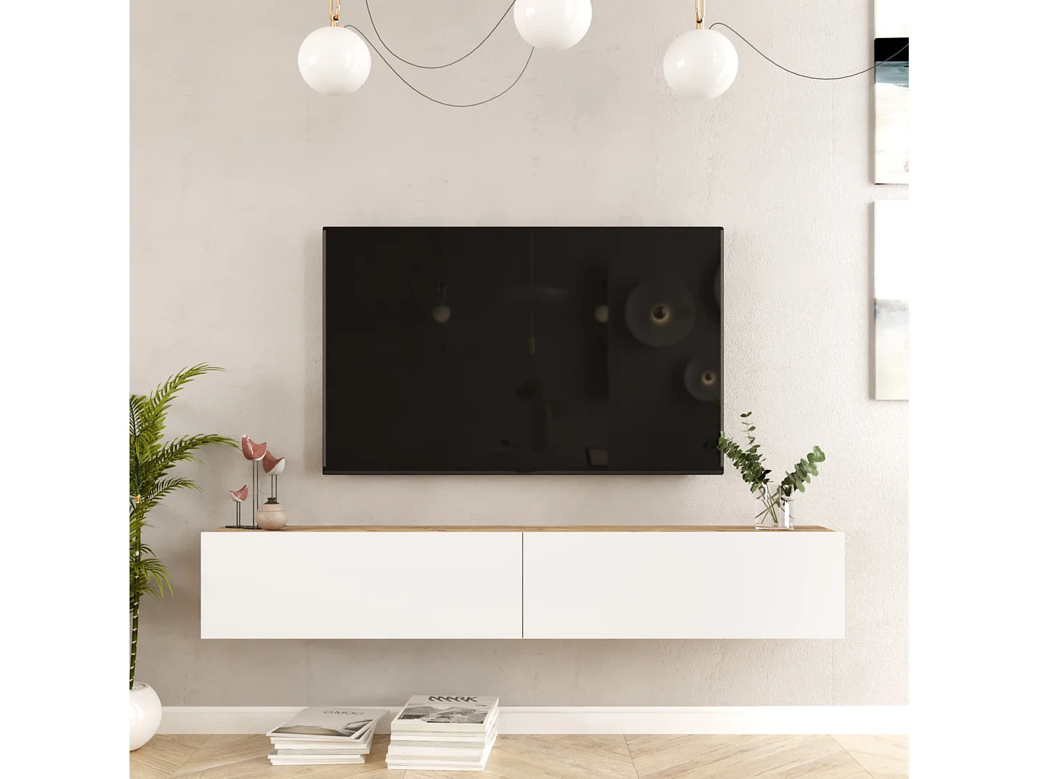 Meuble TV Lapinlahti à 2 portes 29,5 x 180 x 31,5 cm effet bois de pin / blanc [en.casa]