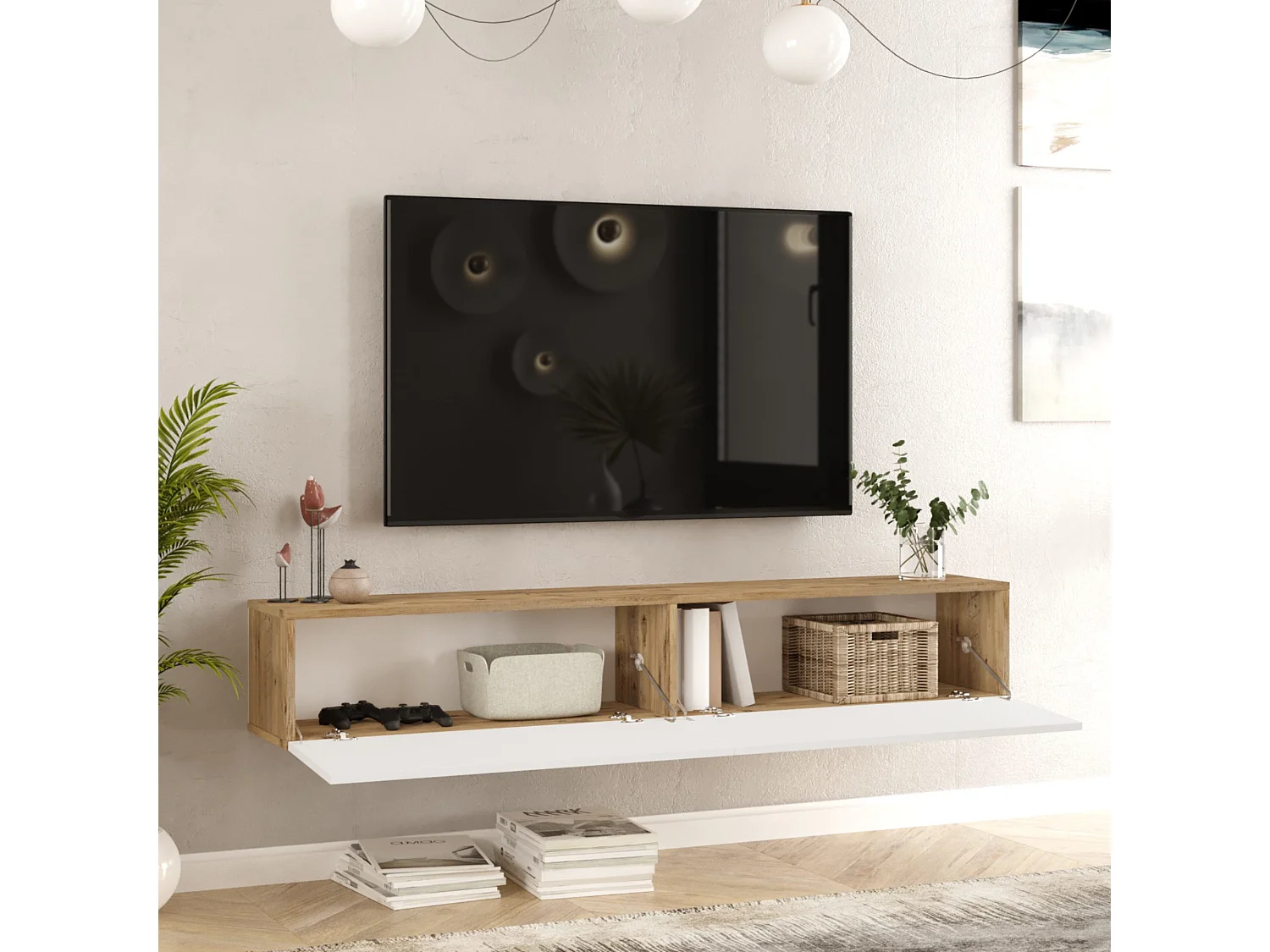 Meuble TV Lapinlahti à 2 portes 29,5 x 180 x 31,5 cm effet bois de pin / blanc [en.casa]
