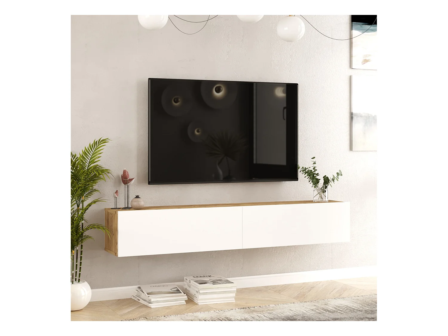 Meuble TV Lapinlahti à 2 portes 29,5 x 180 x 31,5 cm effet bois de pin / blanc [en.casa]
