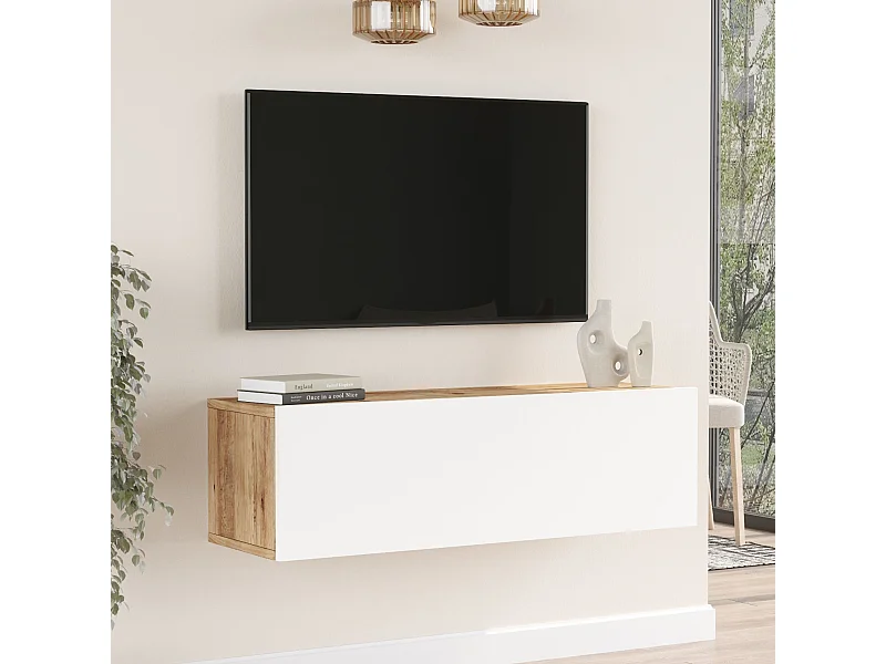 Meuble TV Lapinlahti à porte 29,5 x 100 x 31,5 cm effet bois de pin / blanc [en.casa]