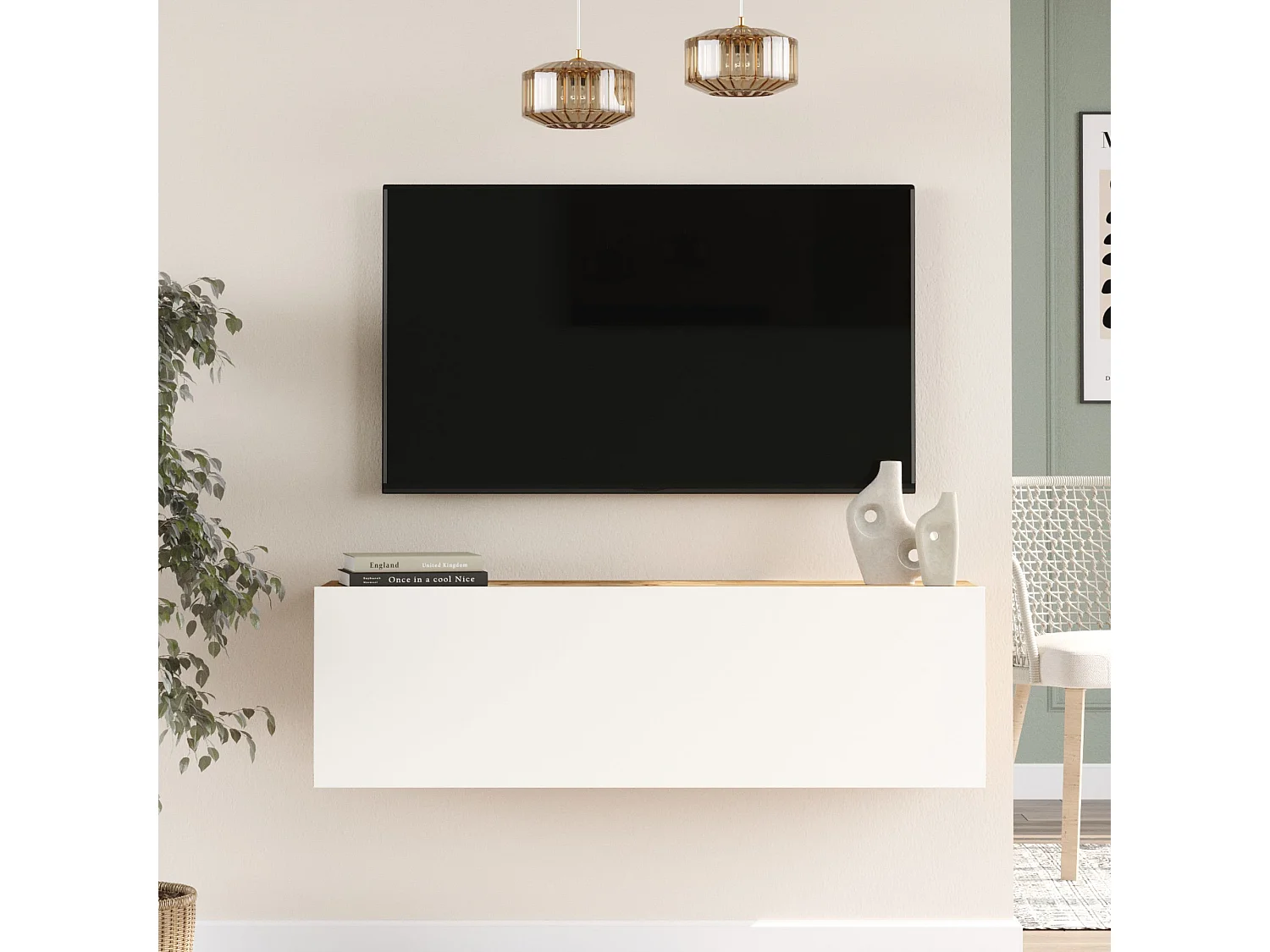 Meuble TV Lapinlahti à porte 29,5 x 100 x 31,5 cm effet bois de pin / blanc [en.casa]