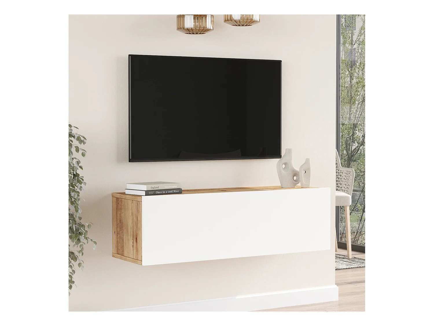 Meuble TV Lapinlahti à porte 29,5 x 100 x 31,5 cm effet bois de pin / blanc [en.casa]