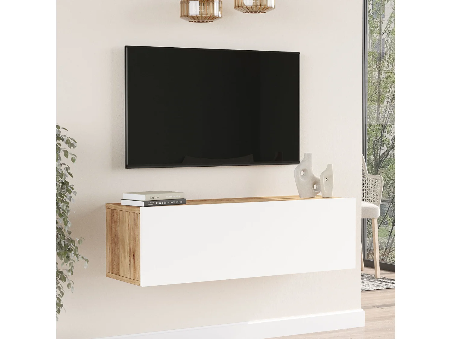 Meuble TV Lapinlahti à porte 29,5 x 100 x 31,5 cm effet bois de pin / blanc [en.casa]