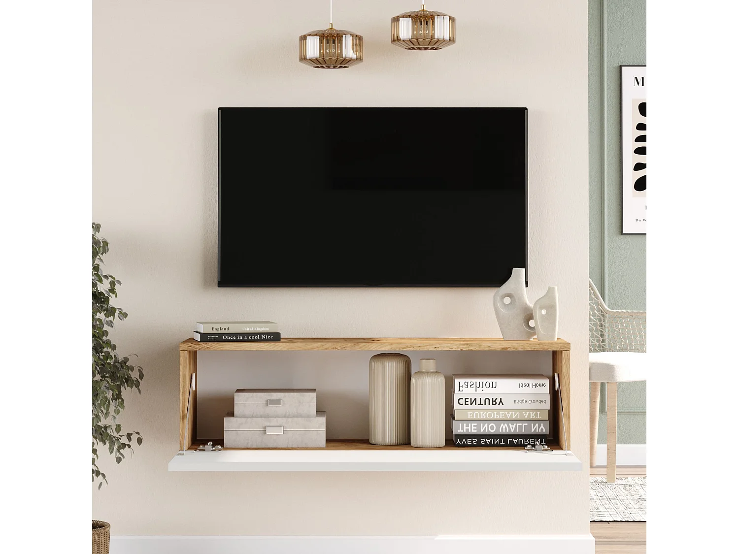 Meuble TV Lapinlahti à porte 29,5 x 100 x 31,5 cm effet bois de pin / blanc [en.casa]