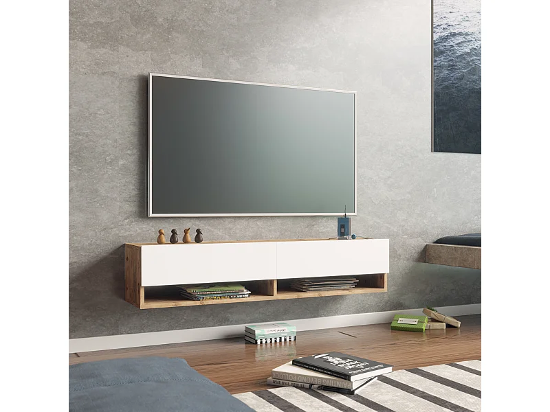 Meuble TV Laitila à 2 portes 29,5 x 140 x 31,5 cm effet bois de pin / blanc [en.casa]