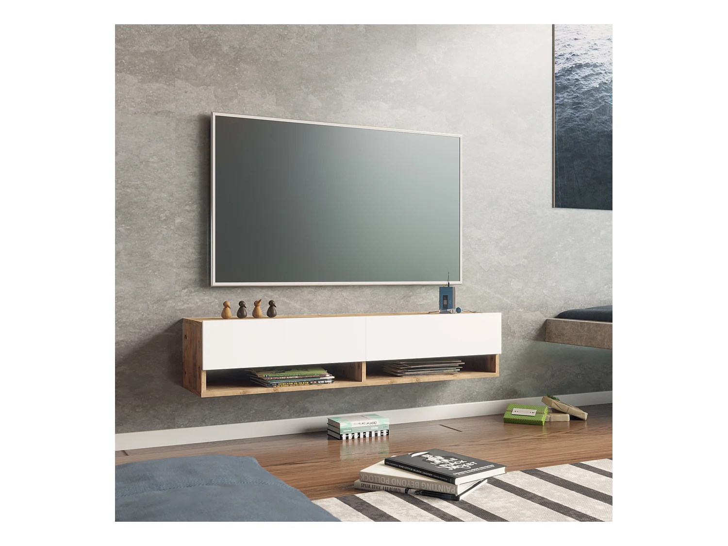 Meuble TV Laitila à 2 portes 29,5 x 140 x 31,5 cm effet bois de pin / blanc [en.casa]