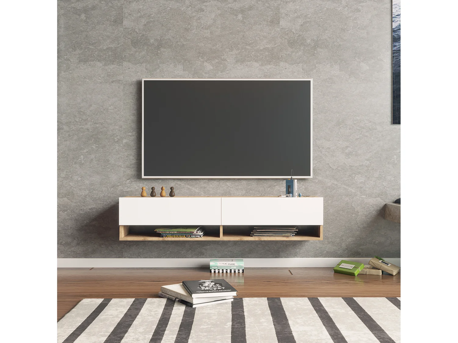 Meuble TV Laitila à 2 portes 29,5 x 140 x 31,5 cm effet bois de pin / blanc [en.casa]