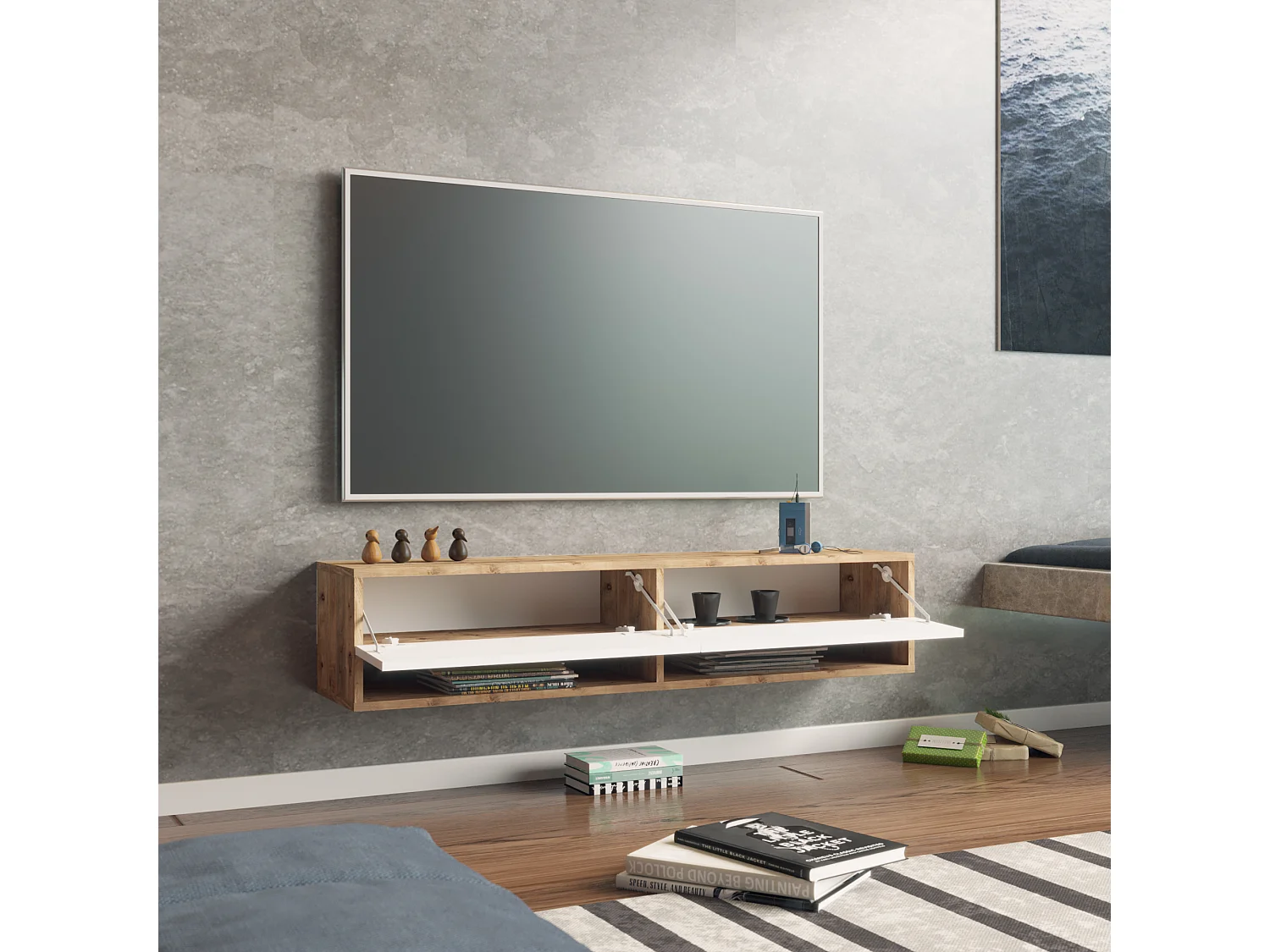 Meuble TV Laitila à 2 portes 29,5 x 140 x 31,5 cm effet bois de pin / blanc [en.casa]