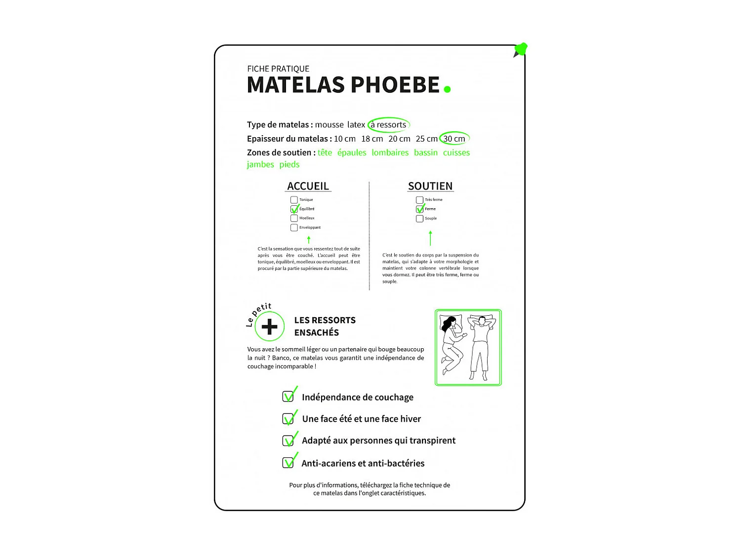 Matelas ressorts ensachés PALACIO - soutien ferme et confort équilibré Dimensions - 160 x 200 cm