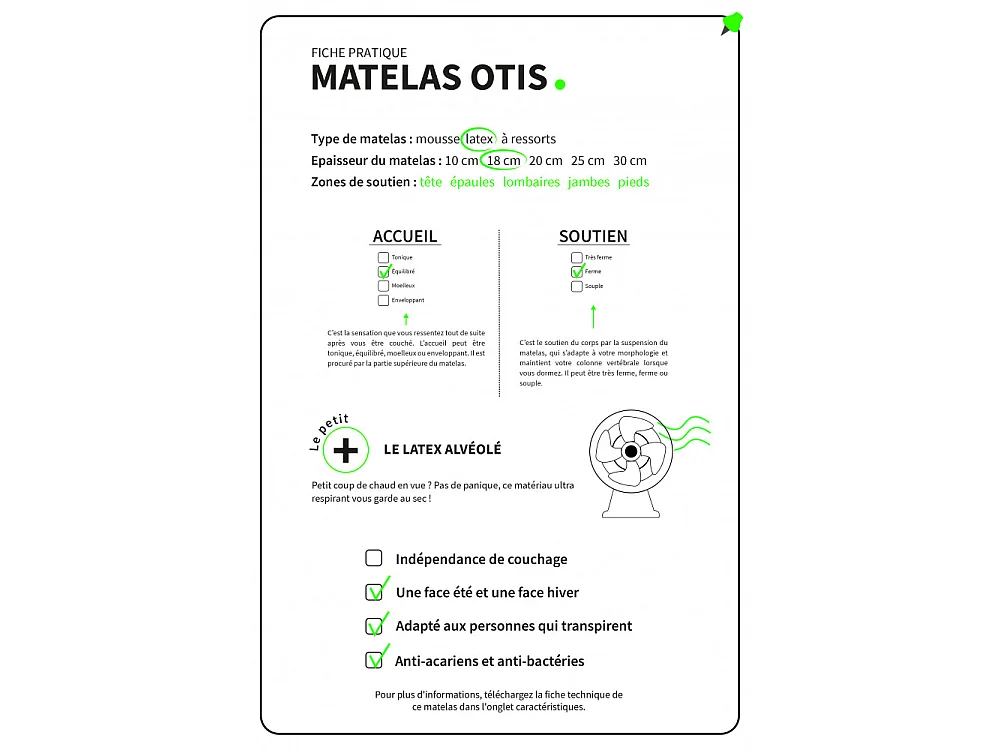 Matelas 100% latex 5 zones ORIGINEL - Spécial dos sensible Dimensions - 140 x 190 cm