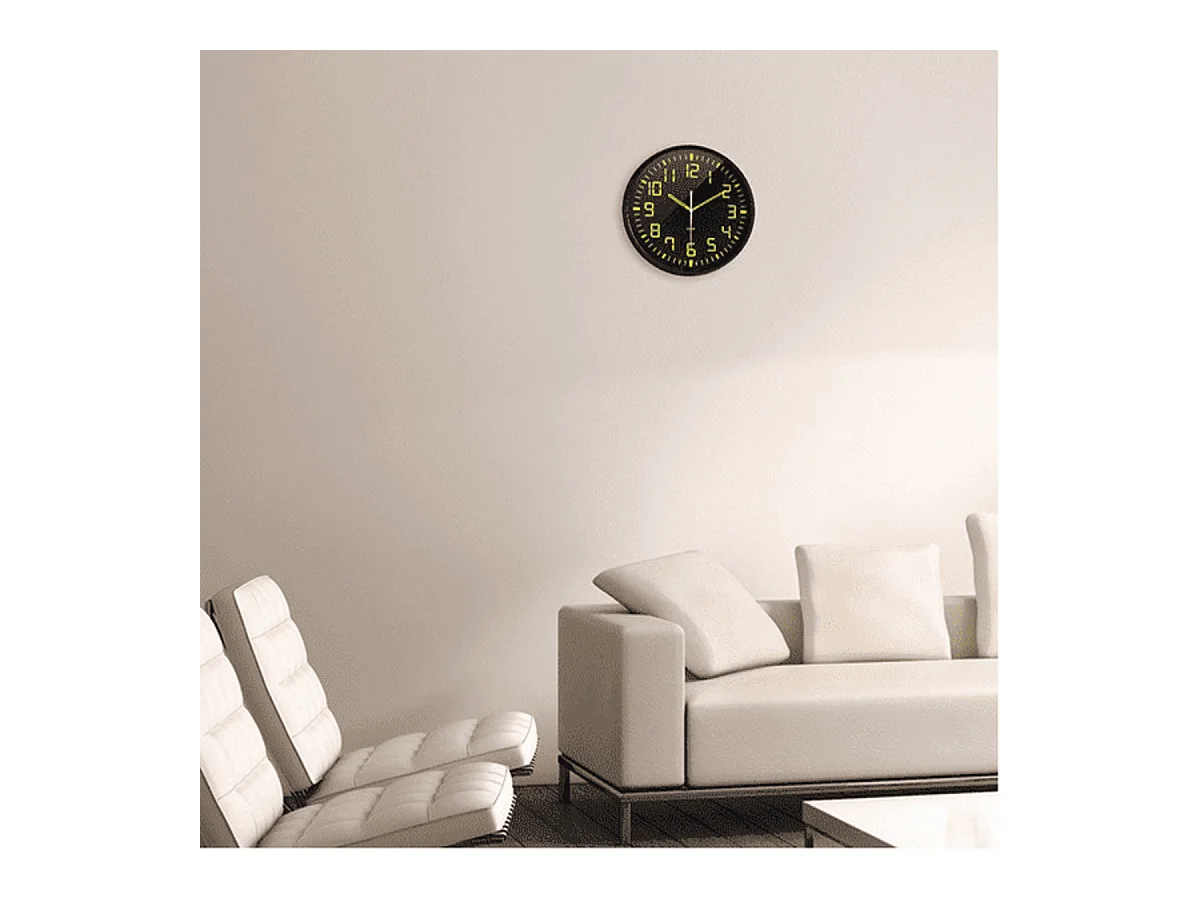 Lautlose Uhr Ø30cm mit Innenmessungen und großen gelben Zahlen