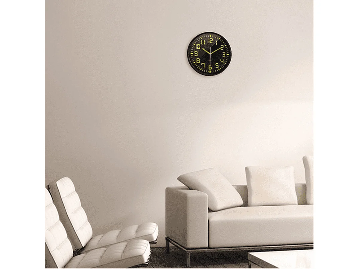 Cicha zegar Ø30cm z wewnętrznymi podziałkami i dużymi żółtymi cyframi