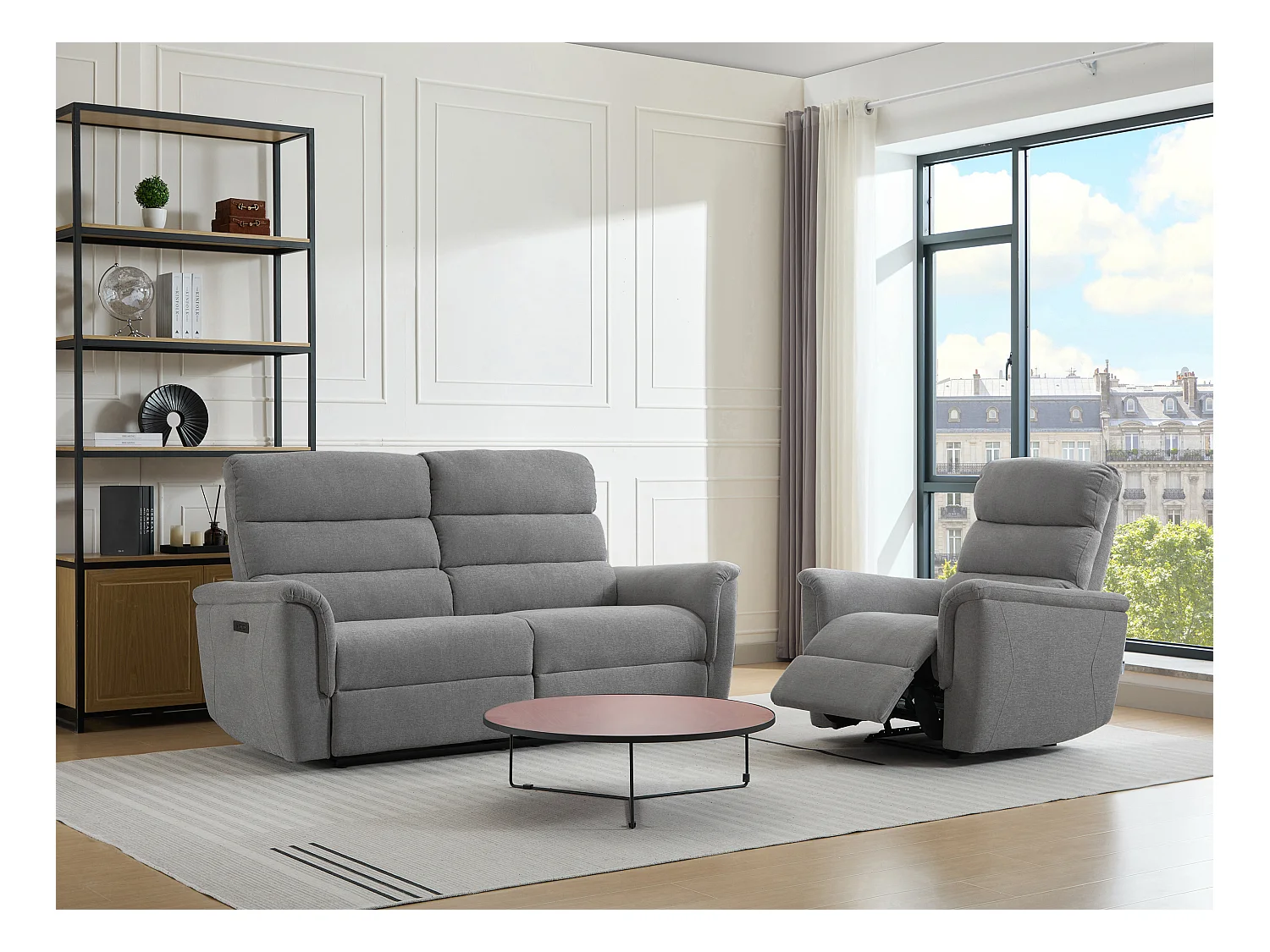 Elektrische relax-driezitsbank en -fauteuil van grijze stof CARTASIA