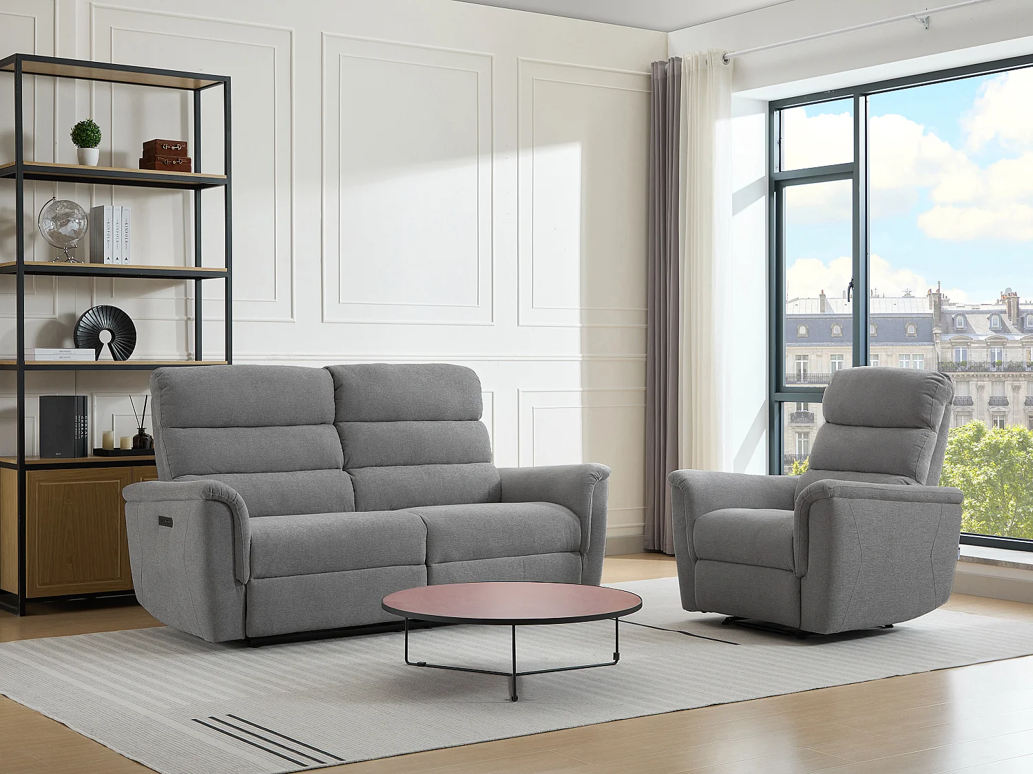 Canapé 3 places et fauteuil relax électrique en tissu gris CARTASIA