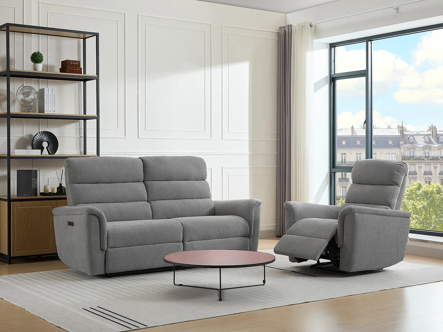 Canapé 3 places et fauteuil relax électrique en tissu gris CARTASIA