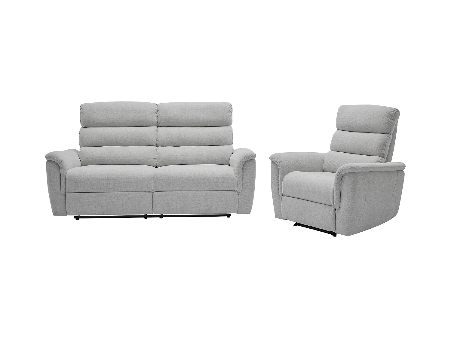 Elektrische driezits-relaxbank en -fauteuil van lichtgrijze stof CARTASIA