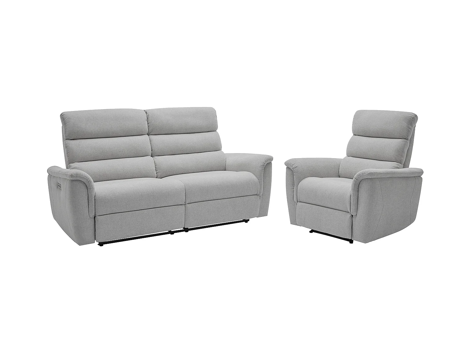 Elektrische driezits-relaxbank en -fauteuil van lichtgrijze stof CARTASIA