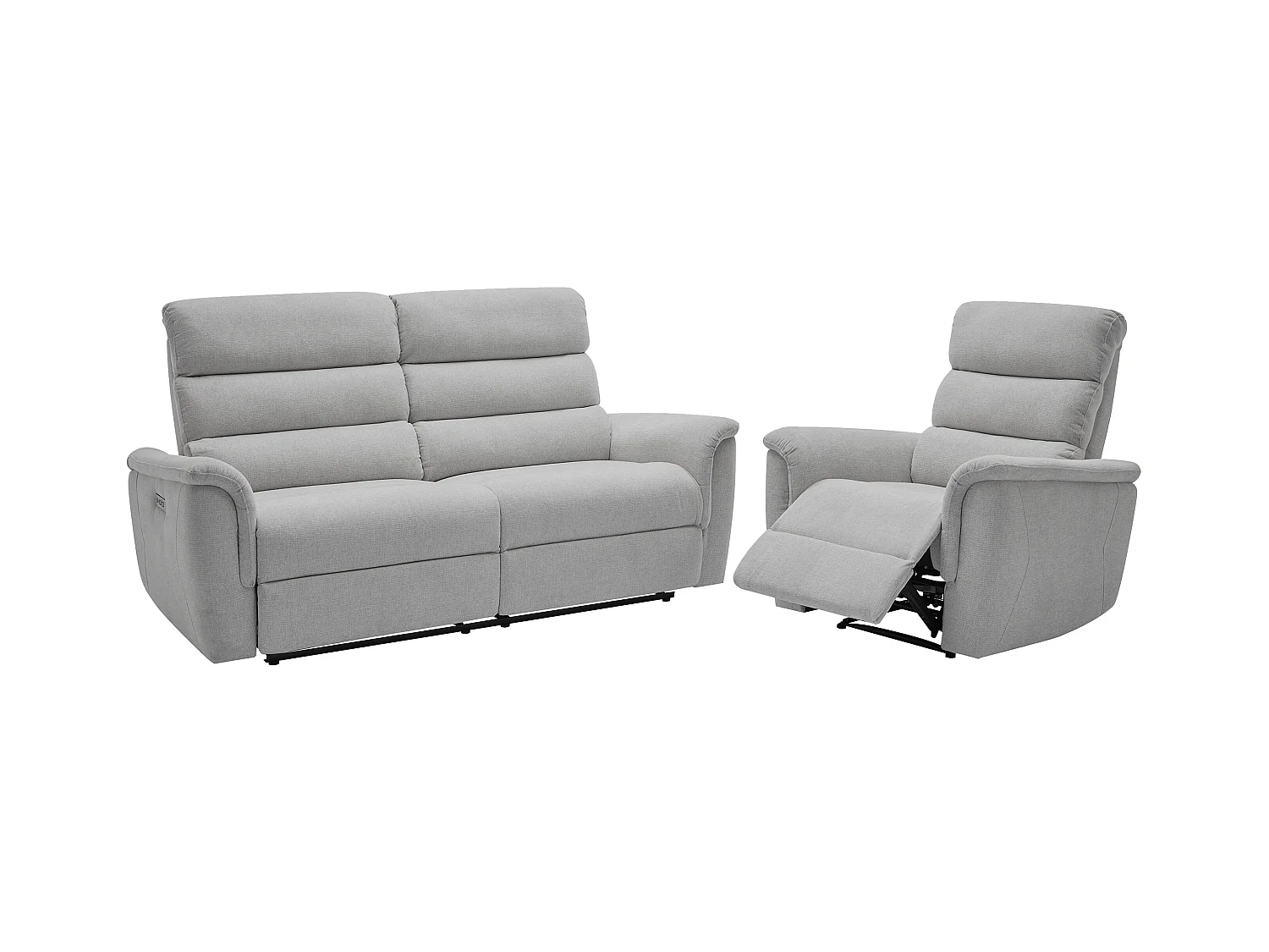 Elektrische driezits-relaxbank en -fauteuil van lichtgrijze stof CARTASIA