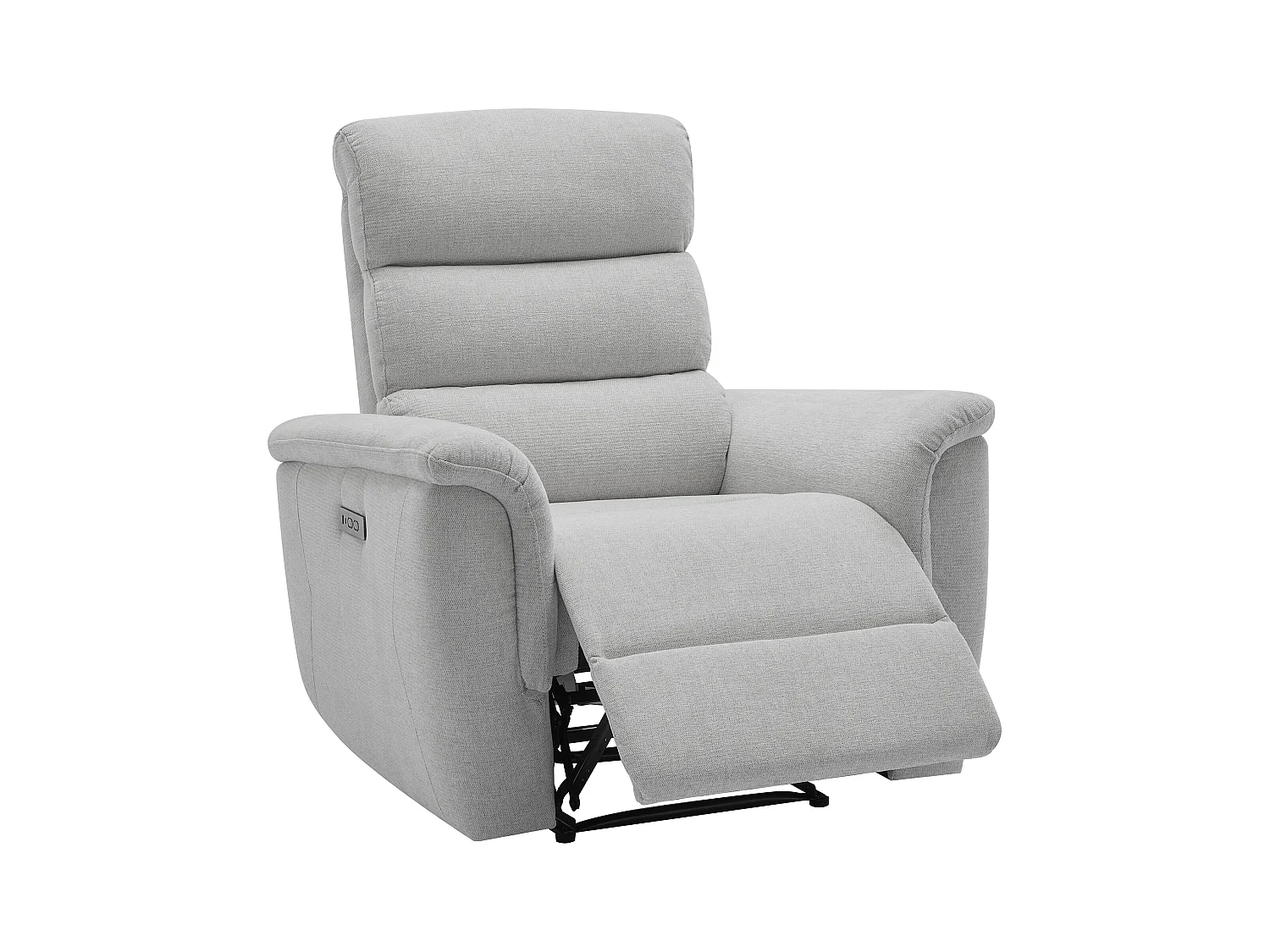 Elektrische driezits-relaxbank en -fauteuil van lichtgrijze stof CARTASIA