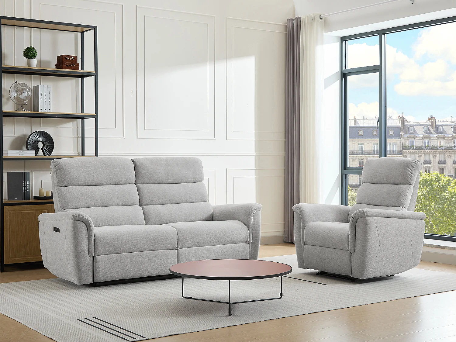 Canapé 3 places et fauteuil relax électrique en tissu gris clair CARTASIA